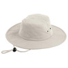 A beige surf hat with a wide brim and a chin strap, featuring ventilation holes and a simple logo.