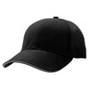 A black cap with a curved visor, featuring a logo on the side and a sleek design.