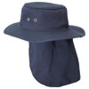 A navy blue hat with a wide brim and rear neck flap, featuring two ventilation eyelets. It has a branding logo.