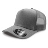 A grey trucker cap with a solid front and a mesh back, featuring a logo on the tag.