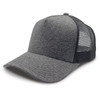 A grey trucker cap featuring a textured front panel and mesh back for breathability. It has a logo on the front.