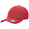 A red cap with a curved brim and an adjustable strap at the back, featuring a logo on the side.