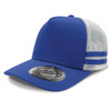 A blue striped trucker cap with a mesh back and a branded tag on the front. 