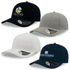 Four caps in black, grey, white, and dark blue, featuring logos and a smooth design.