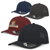 Four caps in navy, dark grey, burgundy, and black, featuring perforated designs and a logo on one.