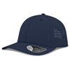 A navy cap with a perforated design and a curved brim, featuring a branding logo on the side.