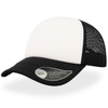 A trucker cap featuring a black mesh back and a white front panel, with a curved visor and a logo on the side.