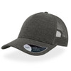 A grey trucker cap featuring a mesh back and curved peak, with a logo on the side.