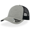A grey cap with a black mesh back and a mid visor, featuring a branding logo on the side.