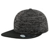 A cap featuring a textured black and grey design, with a flat brim and branding on the side.