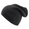 A dark grey beanie with a ribbed texture and a slouchy design, featuring a logo.