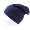 A navy blue beanie with a slouchy fit and a logo on the side.