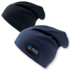 Two beanies in black and navy blue, featuring a logo on one side, showcased together.