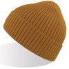 A mustard yellow beanie with a ribbed texture and a folded brim. It features a logo on the side.