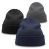 Three beanies made from recycled polyester in black, grey, and navy blue, featuring a ribbed design and logo.