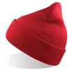 A red beanie made from recycled polyester, featuring a fold-up brim and a pointed top. It has a logo.
