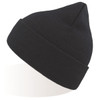A black beanie with a ribbed texture and a tapered top, featuring a logo on the side.