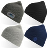 A collection of four beanies in grey, black, and navy, featuring different designs and logos.