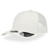 A white cap with a mid visor and a mesh back, featuring a logo on the front.
