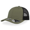 A green cap with a black mesh back, featuring a rounded visor and a branded tag on the side.