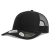 A black trucker cap featuring a solid front and mesh back, with a logo on the side.