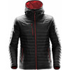 Men's Gravity Thermal Jacket in black with red accents, featuring a hood and multiple zippered pockets.