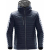 A navy puffer jacket with a hood, featuring zippered pockets and a logo on the chest.