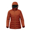 A thermal jacket in burnt orange with a hood, featuring a zippered front and insulated design.