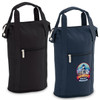 A drink bottle cooler set in black and navy, featuring zippered pockets and a logo on one cooler.