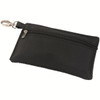 A black microfibre accessories bag with a zippered compartment and a clip. It features a simple design.