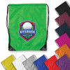 A green drawstring bag with a logo, surrounded by various coloured bags including black, pink, and yellow.