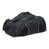 A black duffle bag with side mesh pockets and a shoulder strap, featuring a brand logo.