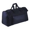 A black duffle bag with double handles, a long shoulder strap, and a front zip pocket, including a logo.