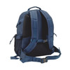 A navy outdoor backpack featuring adjustable straps and mesh side pockets, with a logo on the side.