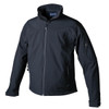 A black softshell jacket with a zip front, high collar, and side pockets, featuring a branding logo.