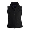 A black women's softshell vest featuring zippered pockets and a stand-up collar. It has a logo on the upper back.