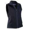 A navy women's softshell vest with a zip front, featuring pockets and a logo on the chest.