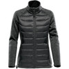 A women's hybrid jacket in dark grey and black with a zip front and a high collar. It features a logo.