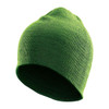 A green knit beanie with a snug fit, featuring a simple design and a logo.
