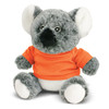 A grey koala plush toy wearing an orange shirt, with black and white accents, and a cute face. Features a branding logo.