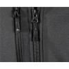 A close-up of black zippers on a black ultra-light shell jacket, featuring a logo on one pull tab.