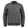 A men's thermal jacket in dark grey with a quilted design and a front zip closure. It has a logo on it.