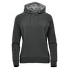 A dark green women's hoodie featuring a drawstring hood and a sleek design. It includes a logo.