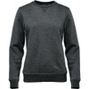 A grey women's pullover sweater with a crew neck and long sleeves, featuring a subtle texture.