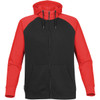 Men's Omega Zip Hoody in black and red, featuring a zip front and a hood, with a pouch pocket and branding.