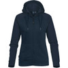 A navy zip-up hoodie for women with a hood and a logo. Features raglan sleeves and front pockets.