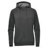 A full zip hoodie in dark grey with a hood, featuring a sleek design and a discreet logo.