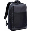 A black laptop backpack with a sleek design and a front pocket, featuring a logo on the side.