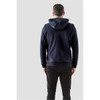 Men's navy fleece hoody featuring a hood and a fitted design, shown from the back. Includes a logo.