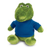 A green crocodile plush toy wearing a blue shirt, with large eyes and a friendly expression.